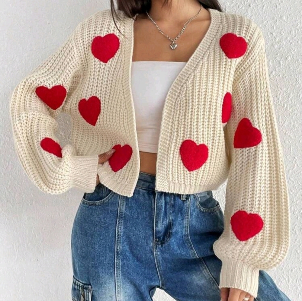 Cream Heart Patterned Sweater - image 1